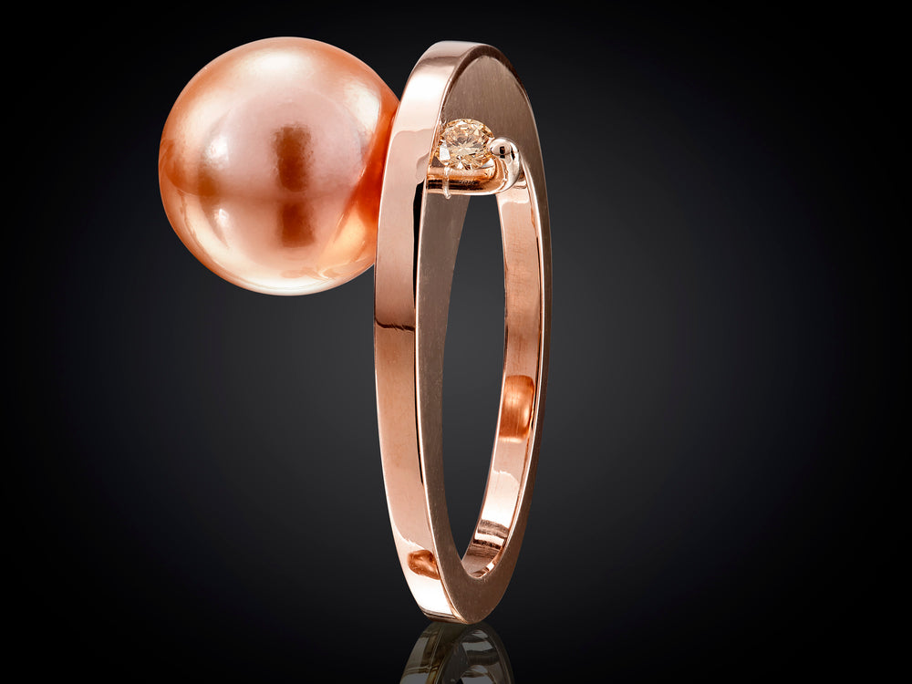 Zonsopgang | 18 karaat roodgouden ring met roze parel en cognac diamant